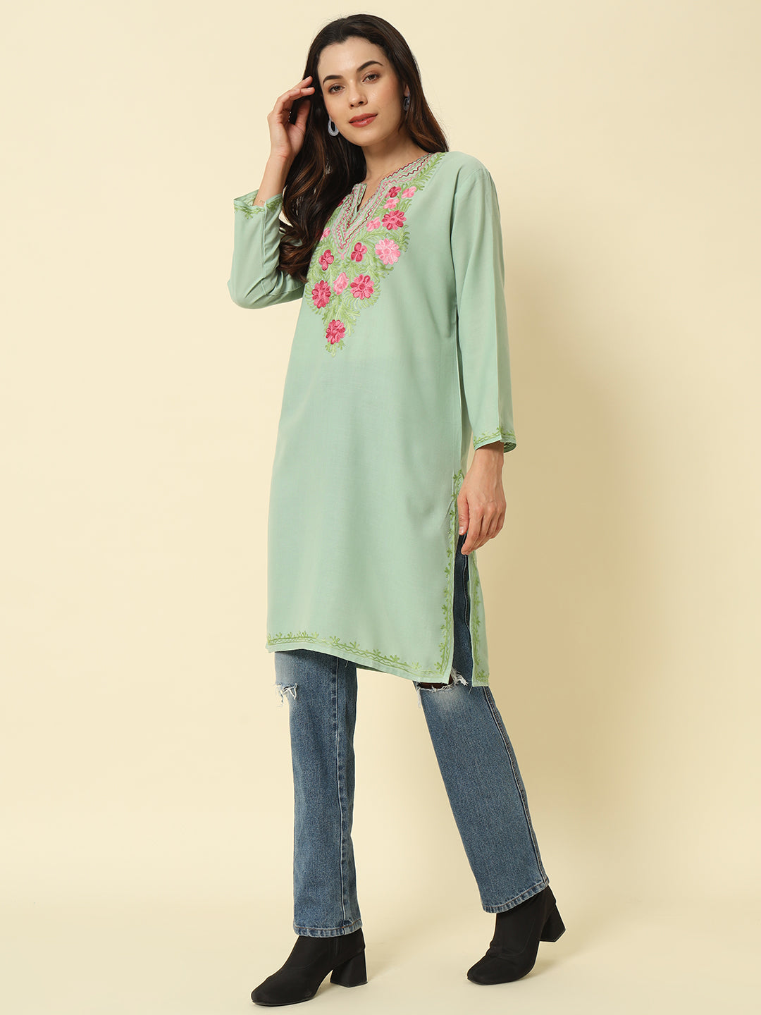 Pistachio Green Cotton Kurti with Pink Floral Aari Embroidery – THE DAL SERIES