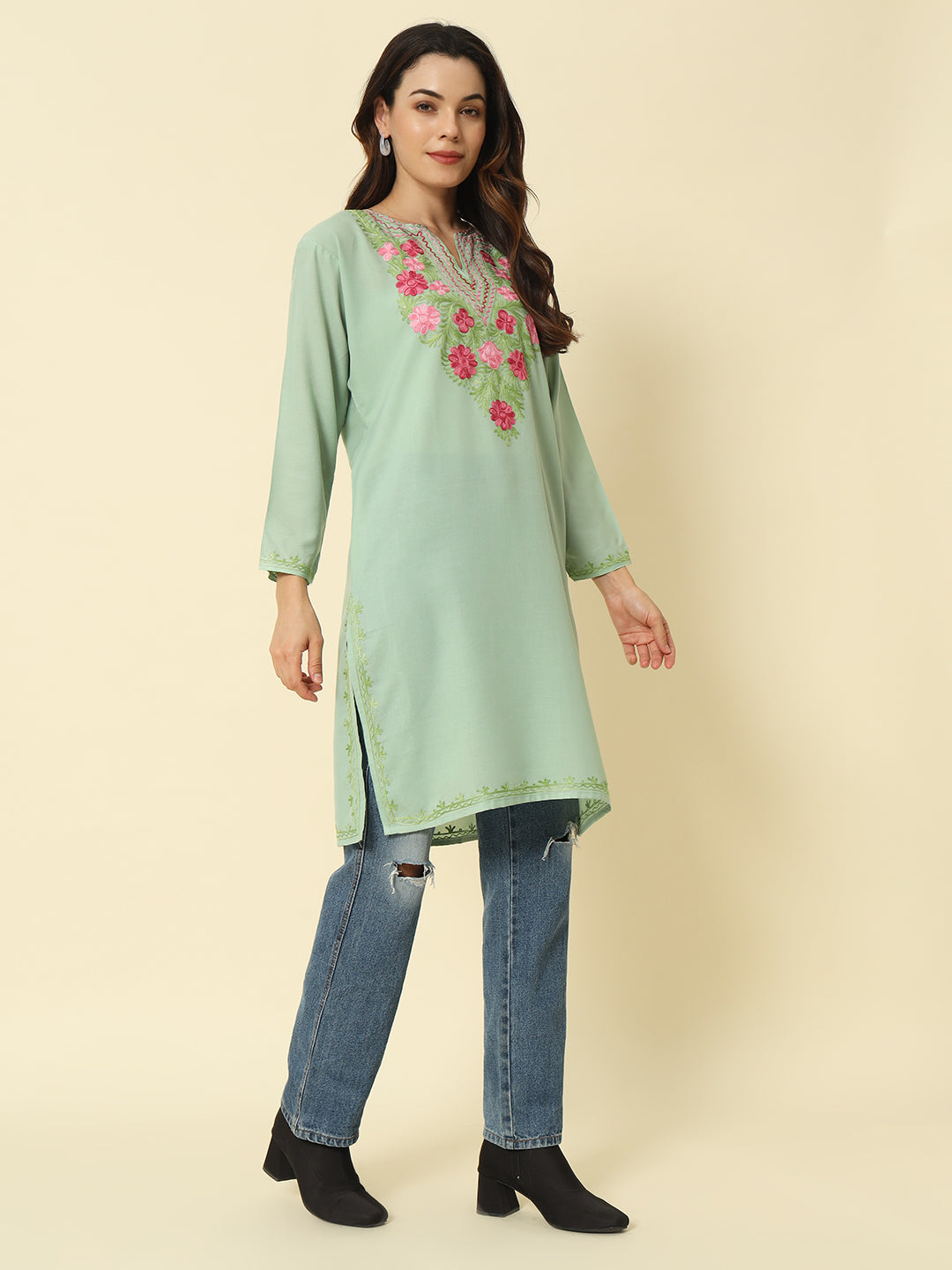 Pistachio Green Cotton Kurti with Pink Floral Aari Embroidery – THE DAL SERIES