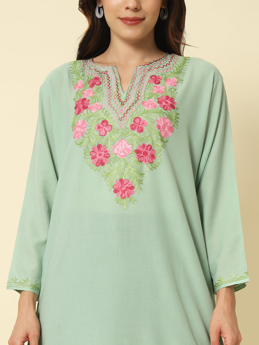 Pistachio Green Cotton Kurti with Pink Floral Aari Embroidery – THE DAL SERIES