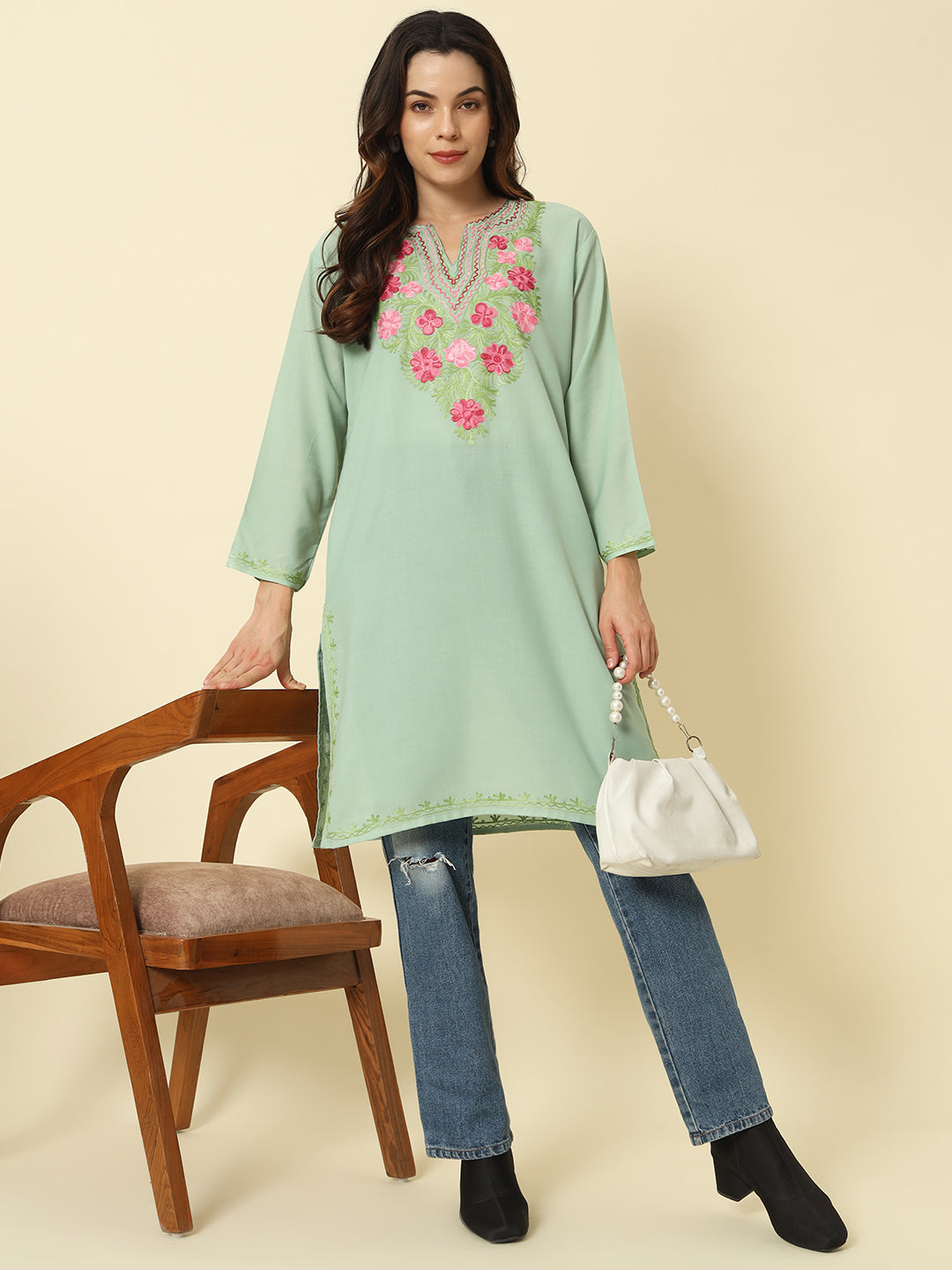 Pistachio Green Cotton Kurti with Pink Floral Aari Embroidery – THE DAL SERIES