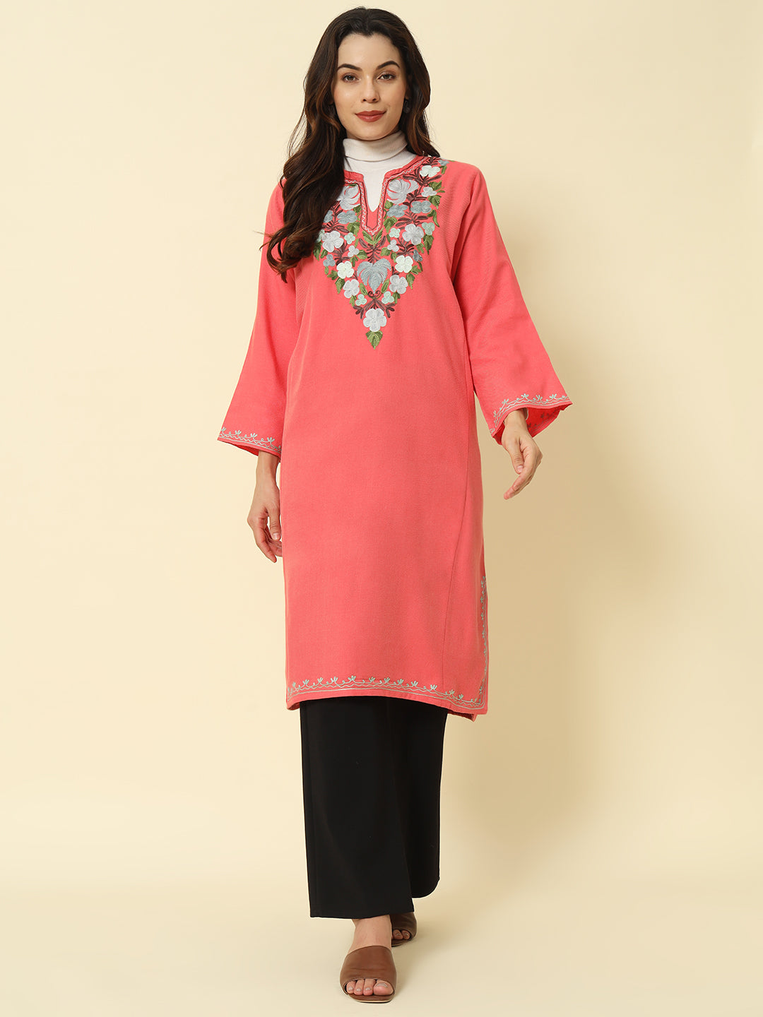 Gulmarg Series: Blush Rose Pink Woolen Aari Pheran