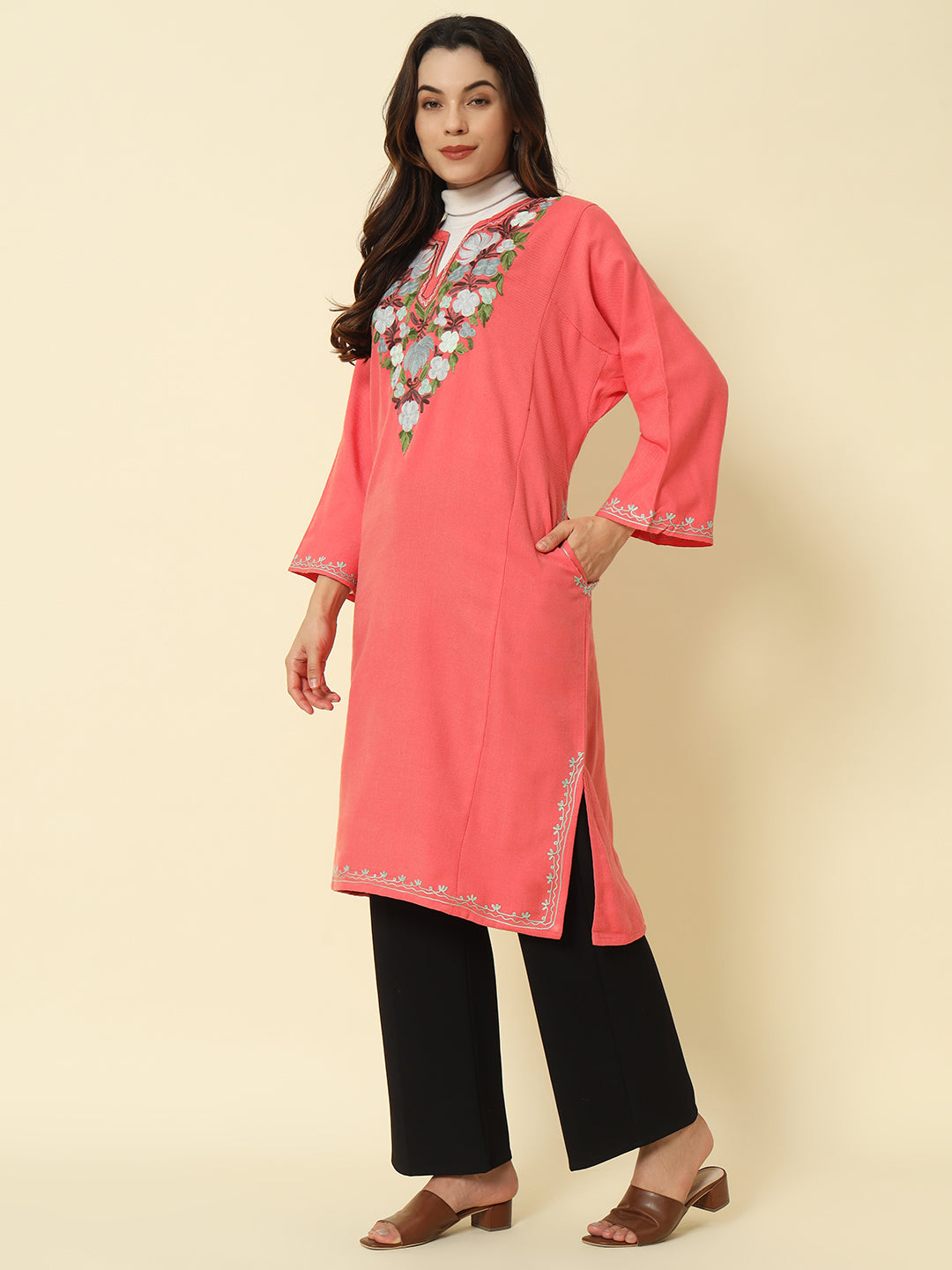 Gulmarg Series: Blush Rose Pink Woolen Aari Pheran