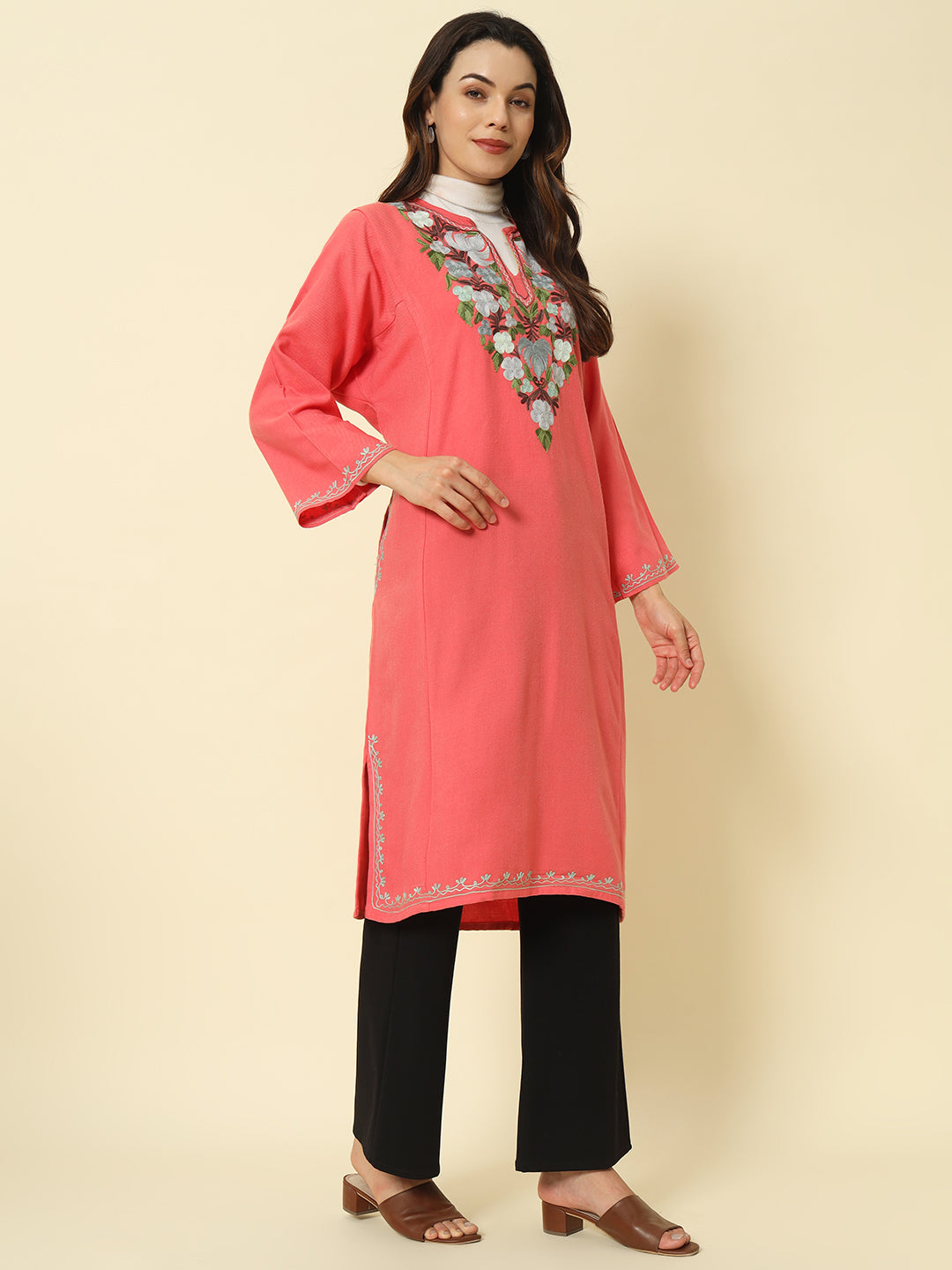 Gulmarg Series: Blush Rose Pink Woolen Aari Pheran