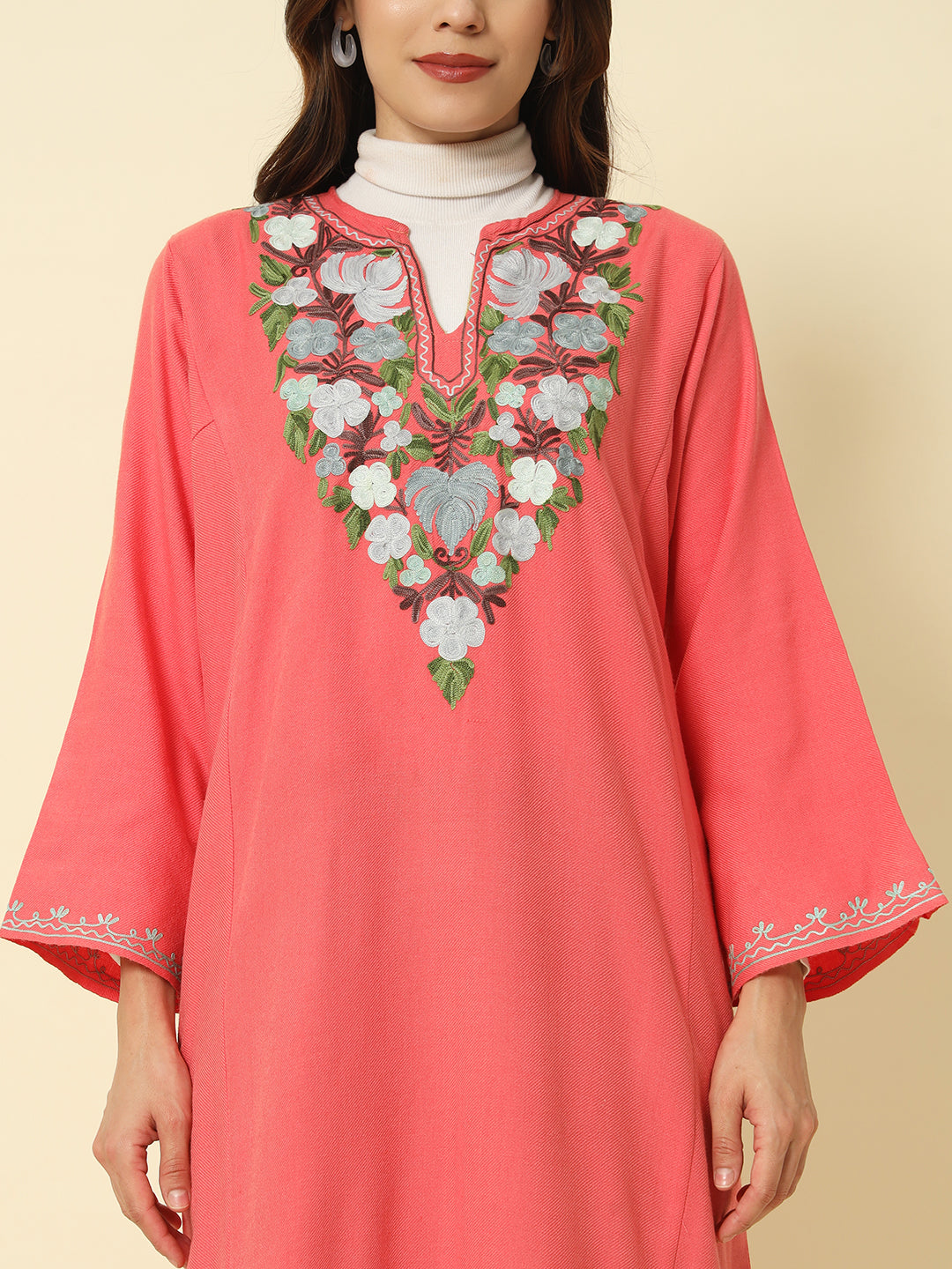 Gulmarg Series: Blush Rose Pink Woolen Aari Pheran