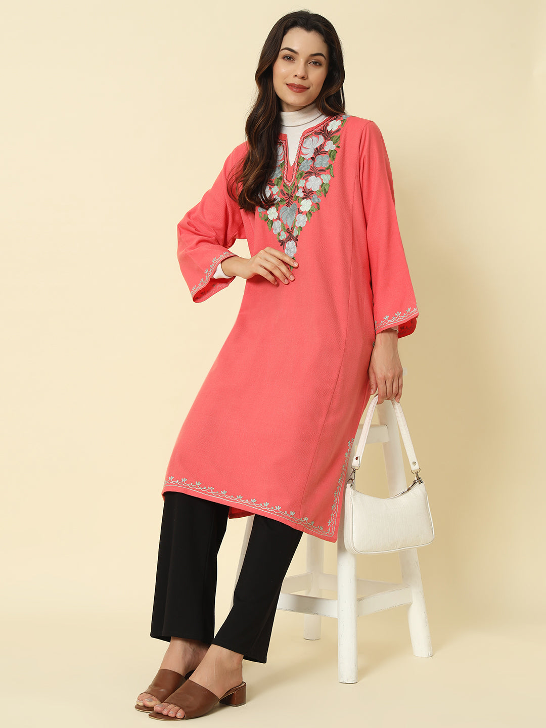 Gulmarg Series: Blush Rose Pink Woolen Aari Pheran