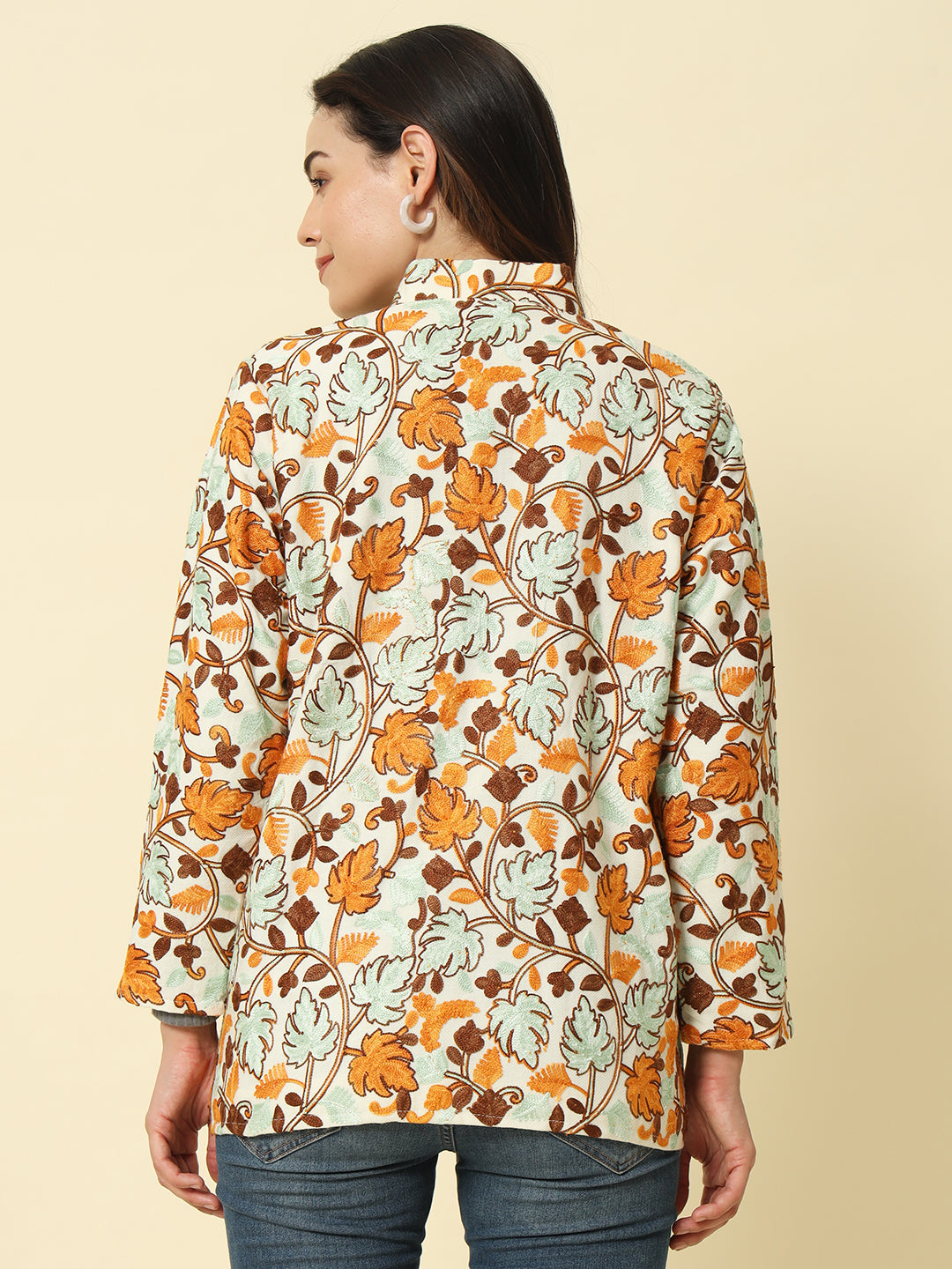 Gulmarg Series: White Woolen Chinar Mesh Aari Short Coat