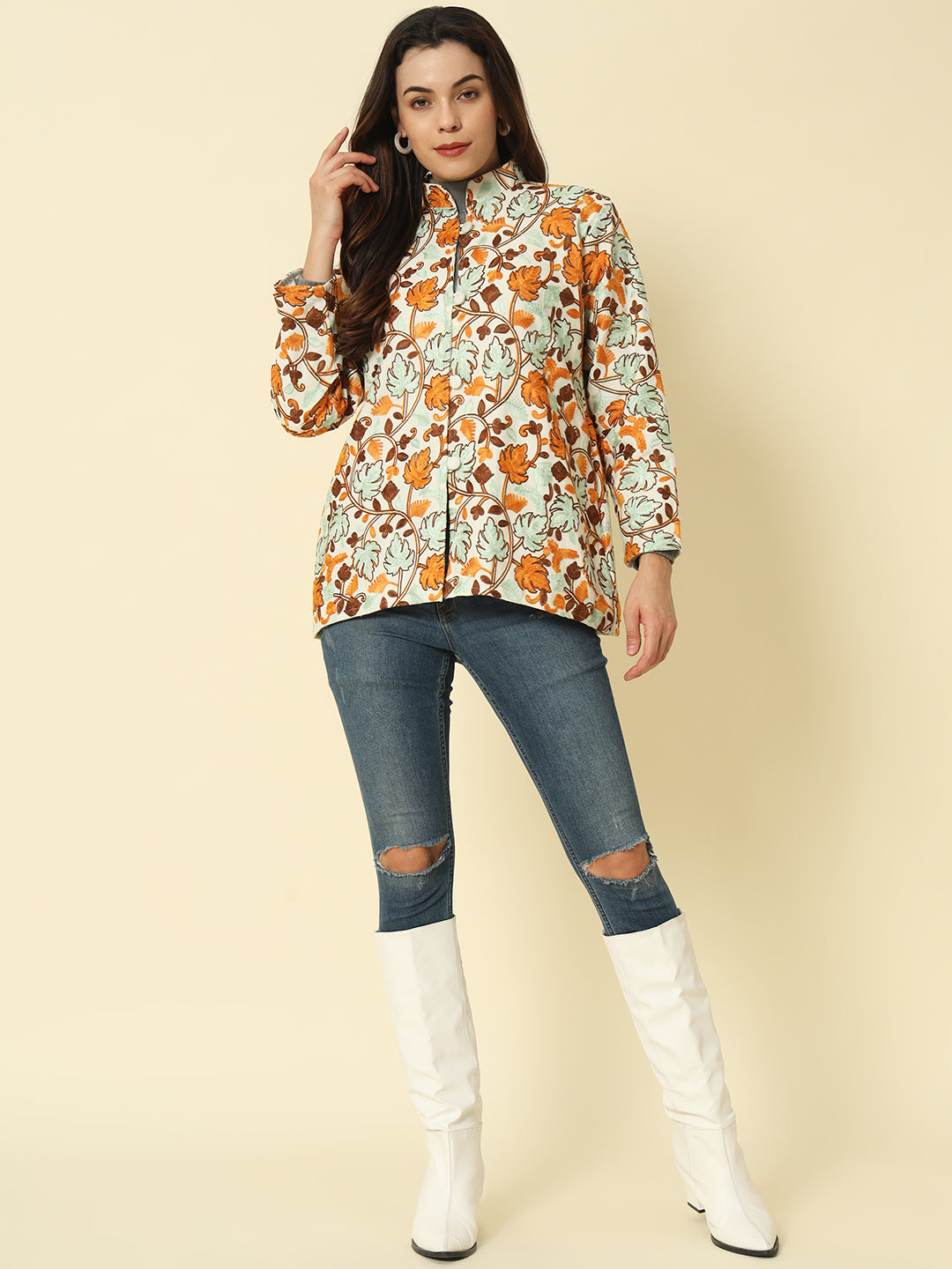 Gulmarg Series: White Woolen Chinar Mesh Aari Short Coat