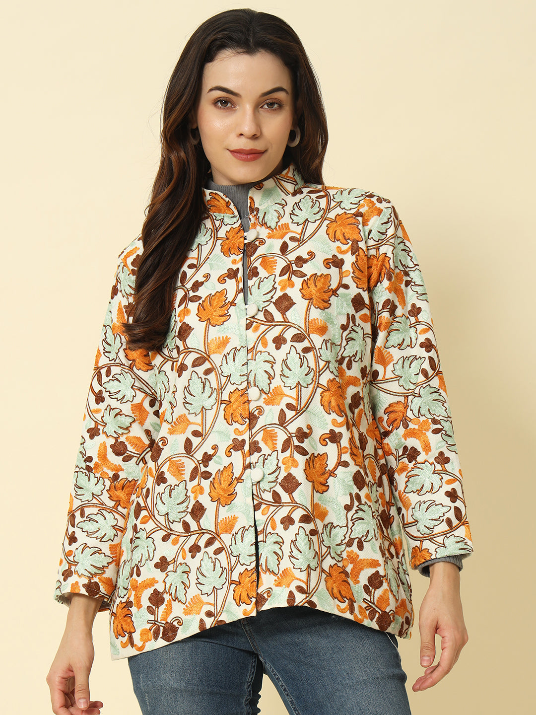 Gulmarg Series: White Woolen Chinar Mesh Aari Short Coat