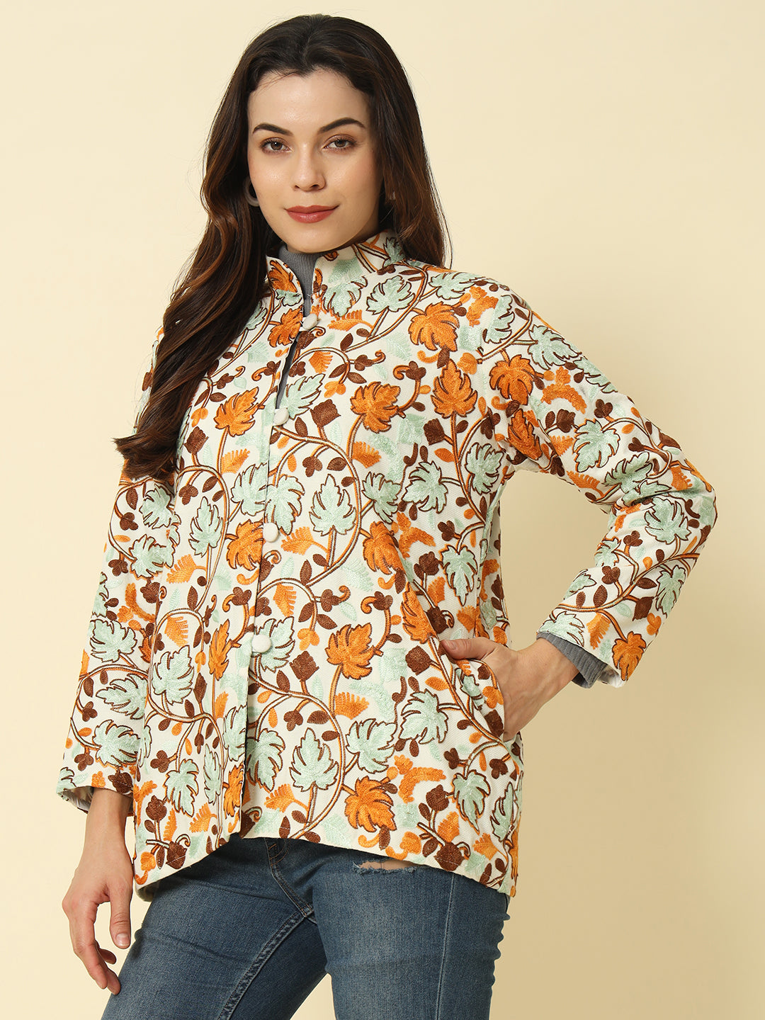 Gulmarg Series: White Woolen Chinar Mesh Aari Short Coat