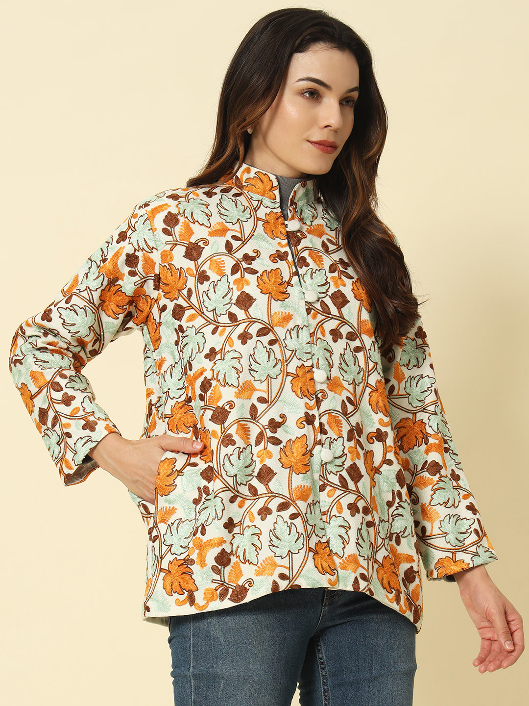 Gulmarg Series: White Woolen Chinar Mesh Aari Short Coat