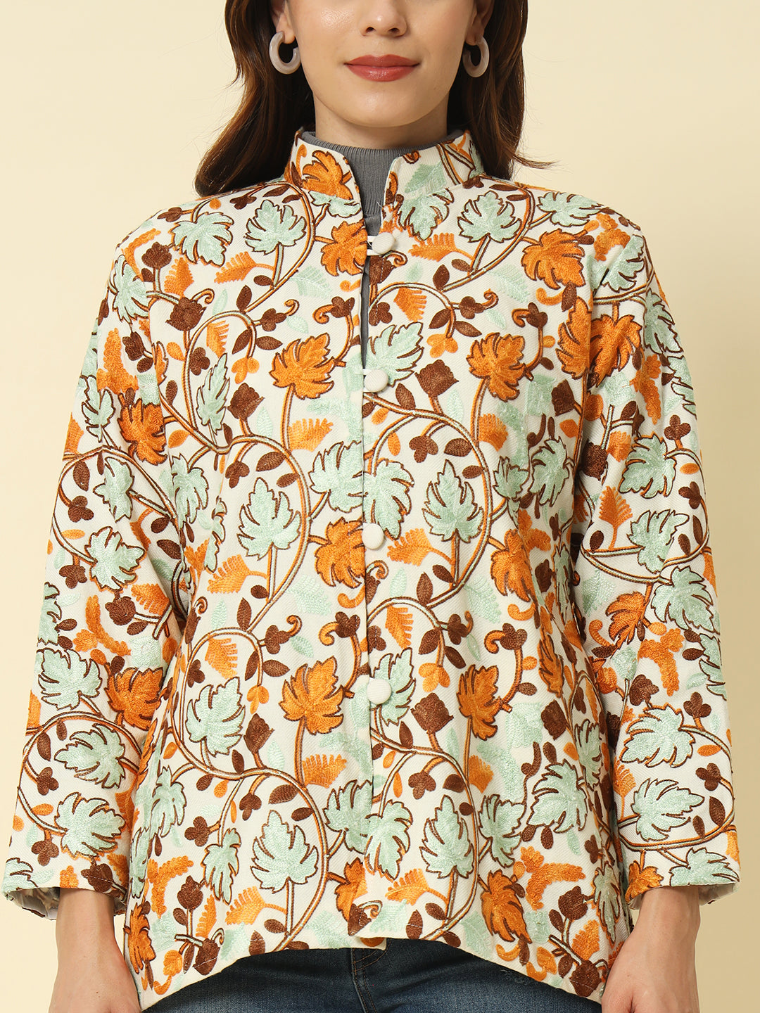 Gulmarg Series: White Woolen Chinar Mesh Aari Short Coat