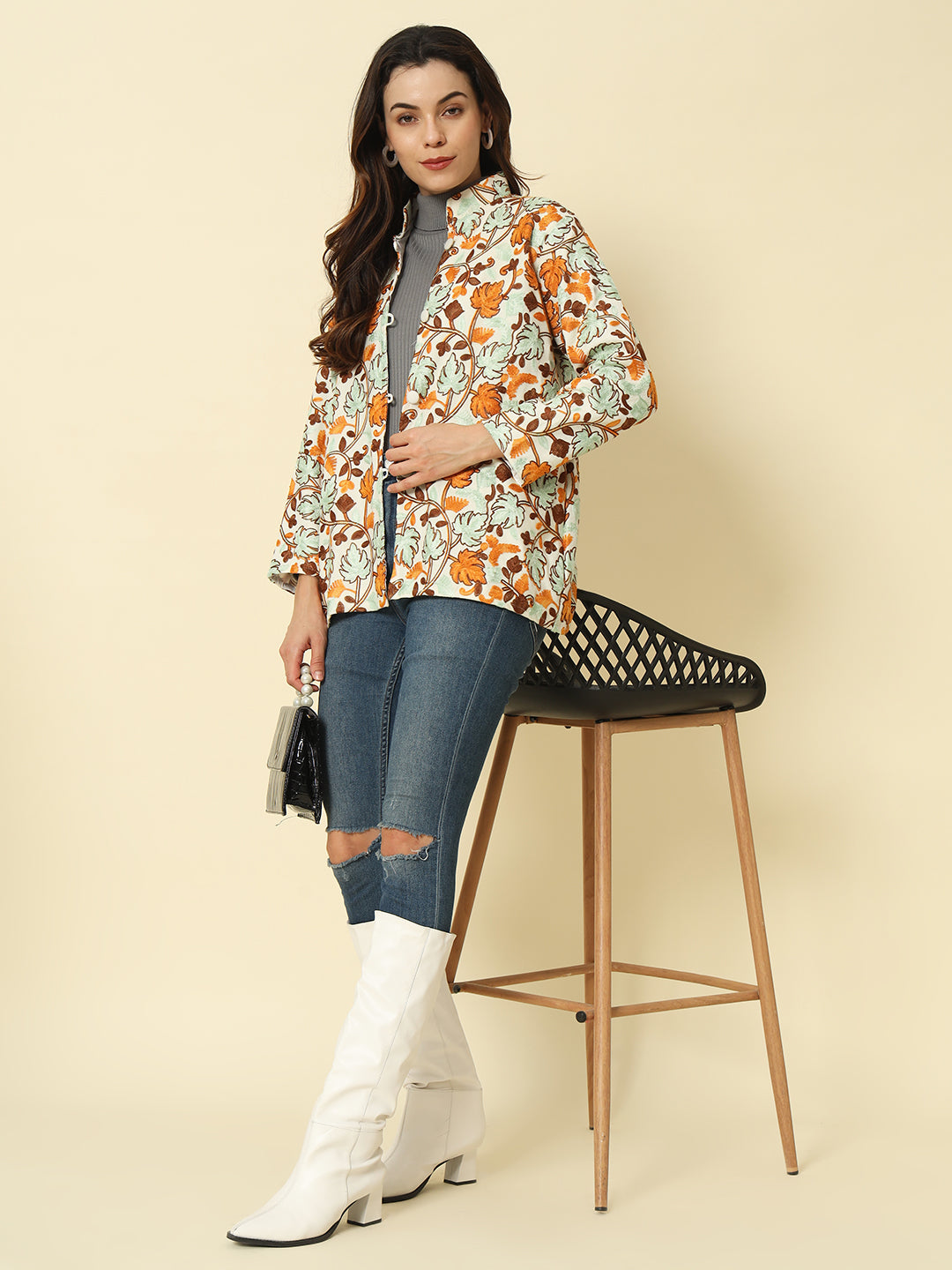 Gulmarg Series: White Woolen Chinar Mesh Aari Short Coat