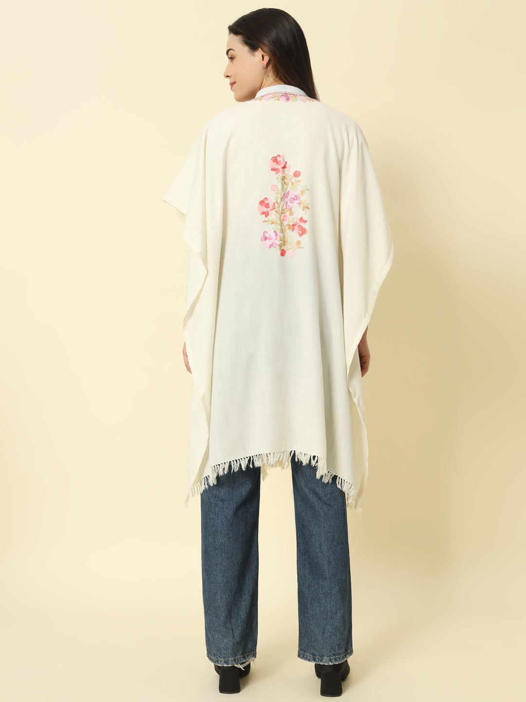 Gulmarg Series: Flora White Polywool Capeshawl