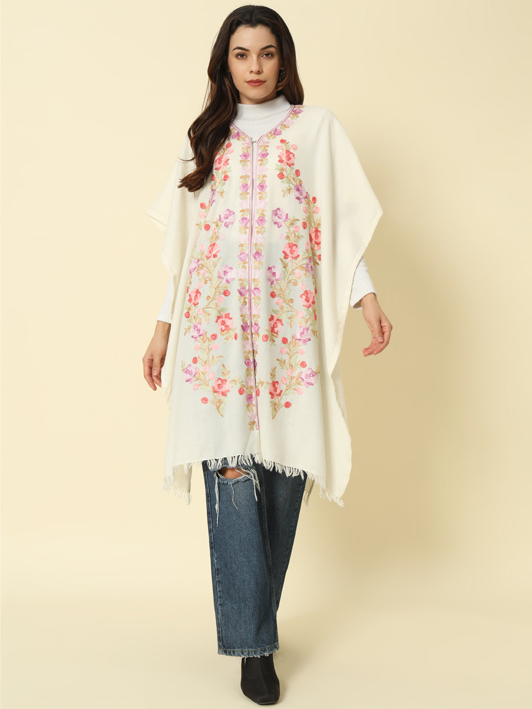 Gulmarg Series: Flora White Polywool Capeshawl