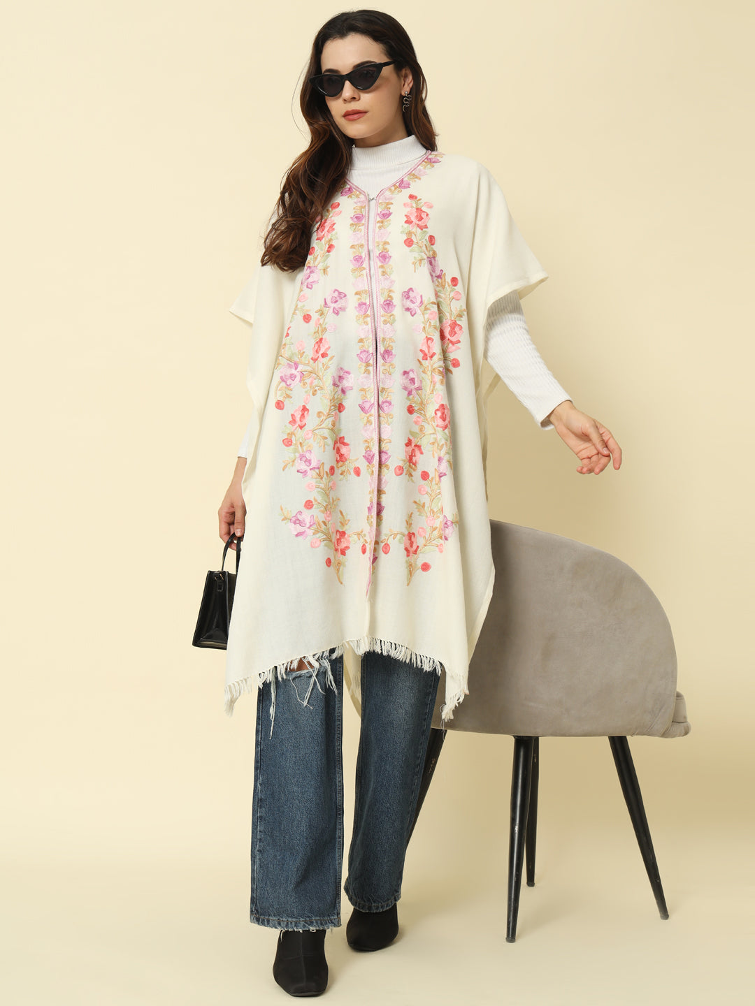 Gulmarg Series: Flora White Polywool Capeshawl