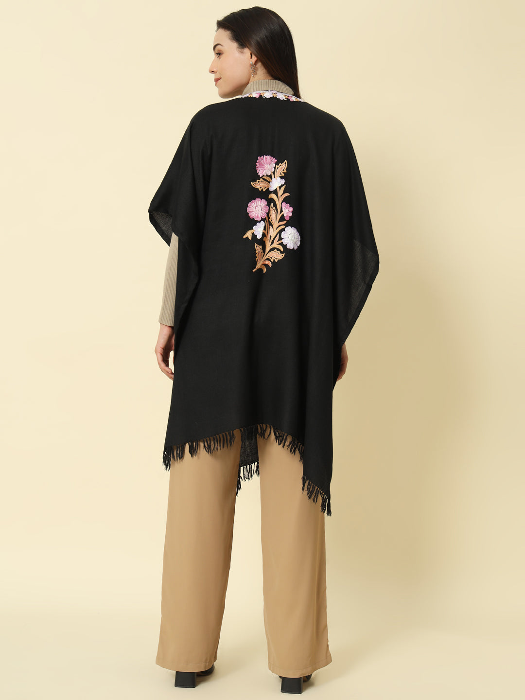 Gulmarg Series: Flora Black Polywool Capeshawl