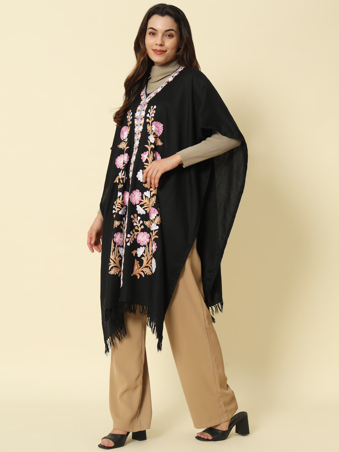 Gulmarg Series: Flora Black Polywool Capeshawl