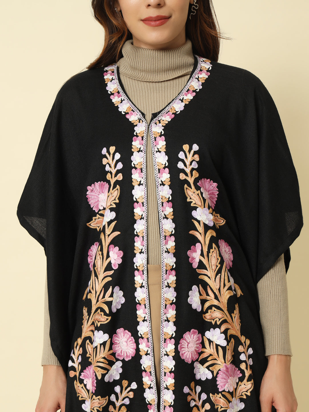 Gulmarg Series: Flora Black Polywool Capeshawl