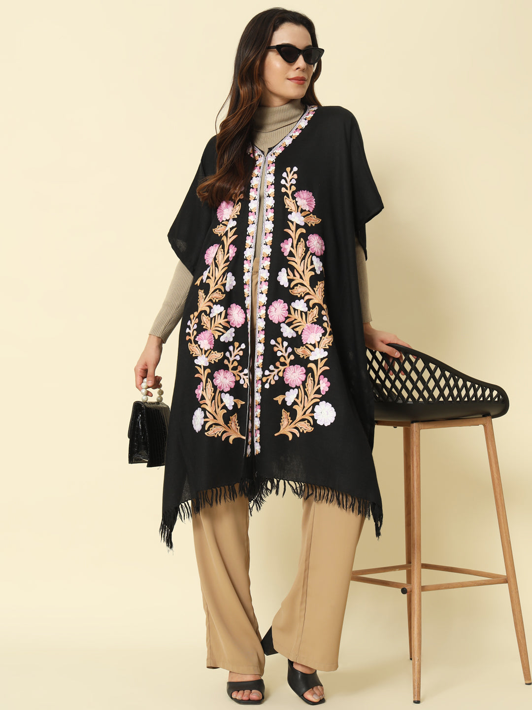 Gulmarg Series: Flora Black Polywool Capeshawl