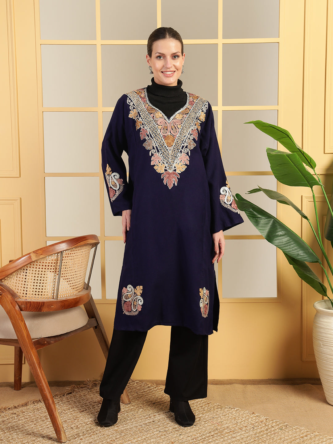 Gulmarg Series: Imperial Navy Blue Woolen Aari Pheran With Zari