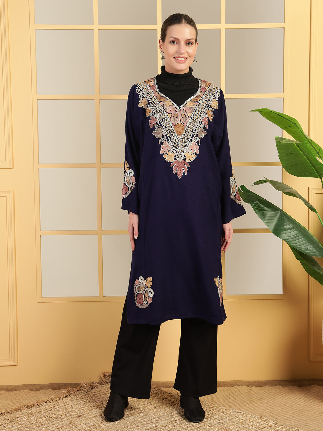 Gulmarg Series: Imperial Navy Blue Woolen Aari Pheran With Zari