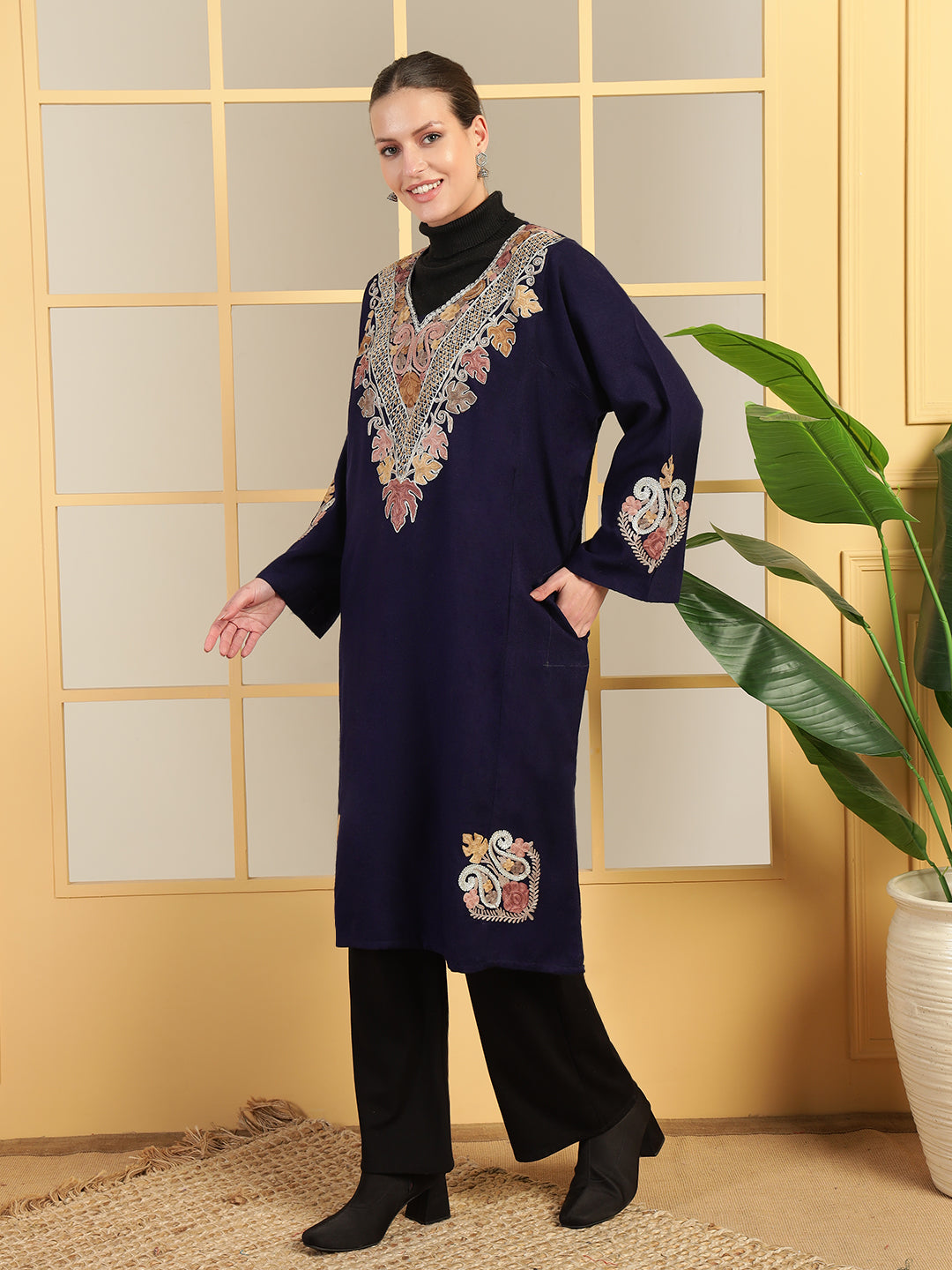 Gulmarg Series: Imperial Navy Blue Woolen Aari Pheran With Zari