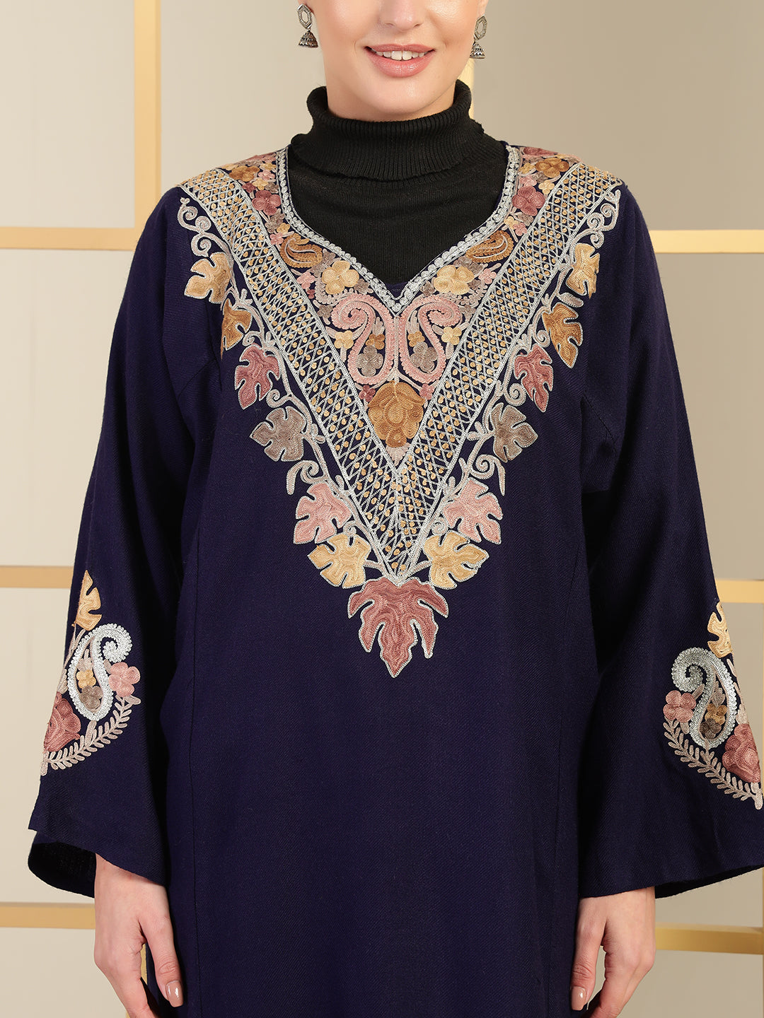 Gulmarg Series: Imperial Navy Blue Woolen Aari Pheran With Zari