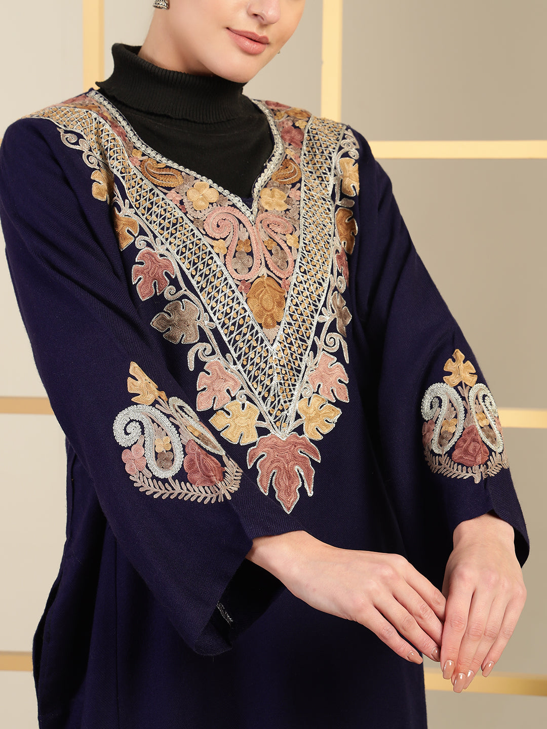 Gulmarg Series: Imperial Navy Blue Woolen Aari Pheran With Zari