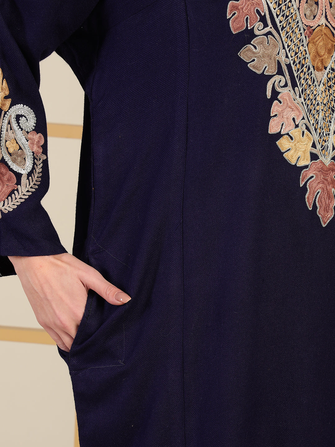 Gulmarg Series: Imperial Navy Blue Woolen Aari Pheran With Zari