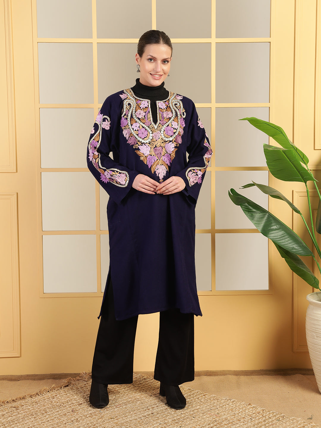 Gulmarg Series: Midnight Navy Blue Woolen Aari Pheran With Zari