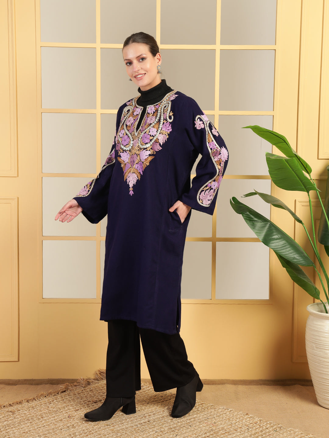 Gulmarg Series: Midnight Navy Blue Woolen Aari Pheran With Zari