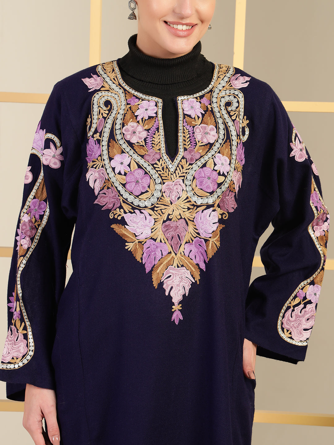 Gulmarg Series: Midnight Navy Blue Woolen Aari Pheran With Zari