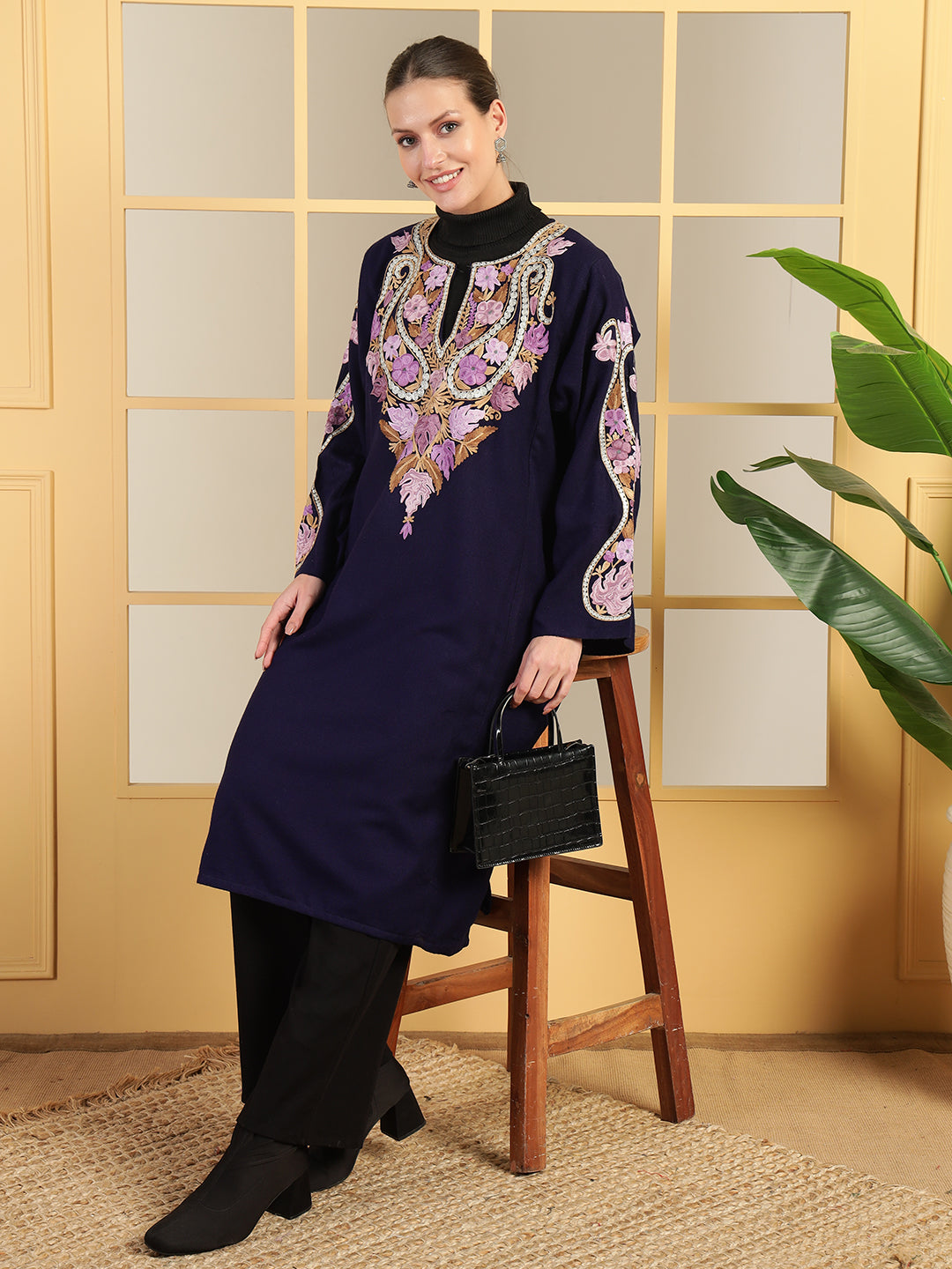 Gulmarg Series: Midnight Navy Blue Woolen Aari Pheran With Zari