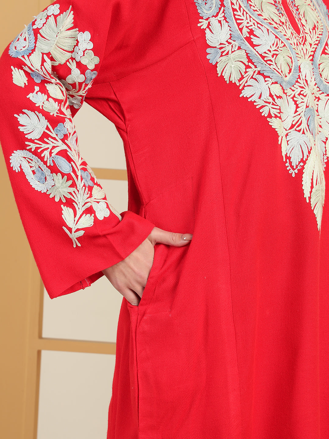 Gulmarg Series: Scarlet Red Woolen Aari Pheran