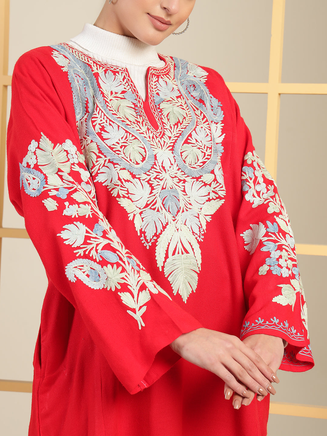 Gulmarg Series: Scarlet Red Woolen Aari Pheran