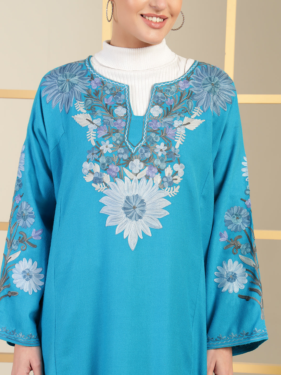 Gulmarg Series: Opulence Turquoise Woolen Aari Pheran