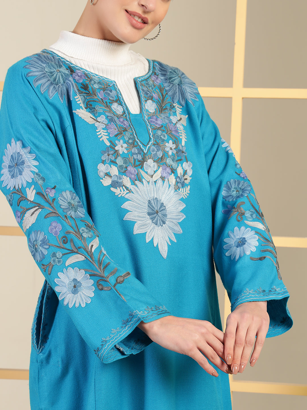 Gulmarg Series: Opulence Turquoise Woolen Aari Pheran